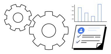 Gears representing process, bar chart for analytics, and checklist emphasizing user-centered task management. Ideal for workflow, productivity, innovation, strategy, analytics, teamwork minimalistic