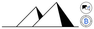 Minimalist siyah piramitler ve bitişik ikonlar engelleme teknolojisini ve iletişimi temsil ediyor. Yenilik için ideal, engelleme zinciri, diyalog, kripto para birimi, dijital dönüşüm, modern