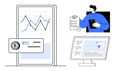 Finansal teknoloji, kripto para ticareti, yatırım analizi, engelleme zinciri izleme, finansal araçlar, dijital eğilimler. Grafikler, tablet bilgisayar ekranlı Bitcoin logosu. Kripto para birimi