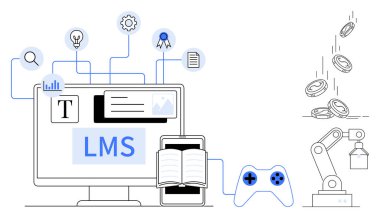 E-öğrenme, gamifikasyon, dijital dönüşüm, otomasyon, çevrimiçi eğitim, iş gücü eğitimi. Bilgisayar ekranı, teknoloji, öğrenme araçları ve otomasyon simgeleriyle birlikte LMS etiketli