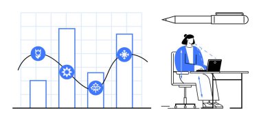 Veri analiz konsepti. Dizüstü bilgisayarda çalışan biriyle eşleşen bir satır ve bar çizelgesi üzerinden veri analizi. Veriler iş, verimlilik ve verimlilik için hayati önem taşıyor. Mükemmel.