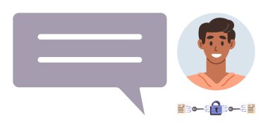 Kimlik doğrulama, çevrimiçi iletişim, veri güvenliği, şifreleme, kullanıcı gizliliği, teknoloji bağlantısı. Konuşma balonu olan ve zincir şeklinde kilidi olan gülümseyen bir adamın profili. Kimlik