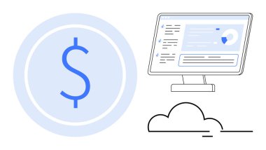 Finansal teknoloji, iş analizleri, bulut hesaplama, veri yönetimi, dijital finans, çevrimiçi uygulamalar. Mavi dolar işareti, analitik bulutlu bilgisayar ekranı. Finansal teknoloji