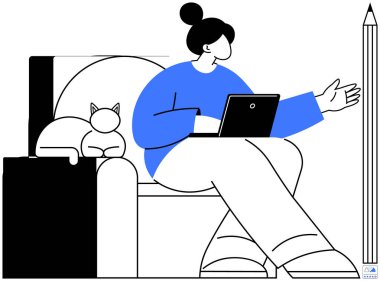 Uzaktan kumanda. Bir kadın rahat bir kedinin yanında kanepede otururken dizüstü bilgisayarıyla çalışıyor. Uzak çalışma konfor, esneklik ve verimliliktir. Serbest çalışmak için mükemmel, ev ofisi, online...