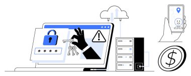 Siber güvenlik, veri koruması, kimlik doğrulama, çevrimiçi güvenlik, teknoloji hizmetleri, finansal güvenlik. Kilitli, sunucu bulutlu ve akıllı telefonlu bir dizüstü bilgisayarın görüntüleri. Siber güvenlik ve veri