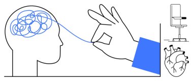 Akıl sağlığı, terapi, bilişsel süreçler, duygusal destek, karar verme, sağIık. Karmaşık çizgili soyut beyin, çözülen kalp ve sandalye. Ruh sağlığı ve terapi illüstrasyonları