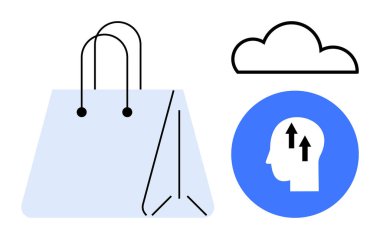E-ticaret konsepti. Alışveriş torbası ve oklarla süslenmiş bir kafanın bulut sembolüne bağlanması fikri. Yenilik için e-ticaret, çevrimiçi alışveriş, perakende, teknoloji ve veri