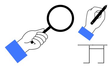 Araştırma, analiz, yazı, eğitim, teftiş, ofis işleri. Elinde büyüteç, elinde kalem ve masa tasarımı var. Mesleki görevler için araştırma ve analiz kavramı