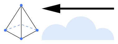 Geometrik konsept. Geometrik şekiller, yön oku ve bulut simgesi olan bir dörtyüzlü de dahil. Veri görselleştirme, teknoloji, bilim, matematik ve grafik tasarımı için geometrik tasarım