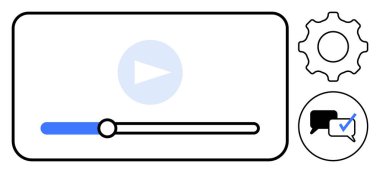 İlerleme çubuğu olan ortam oynatıcı, oynat düğmesi, ayarlar için dişli simgesi ve işaretli sohbet balonu. Yayın, video kontrolü, geri bildirim, kişiselleştirme, iletişim değerlendirmesi için ideal