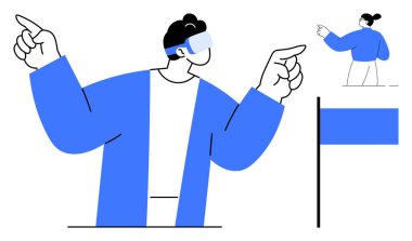 Sanal gerçeklik, teknolojik yenilik, dolambaçlı oyunlar, fütüristik deneyimler, artırılmış etkileşim, metaevren. VR kulaklıklı kişi etkileşimde. Sanal gerçeklik ve teknoloji yenilik kavramı