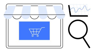 Mağaza vitrininde alışveriş arabası, arama için büyüteç ve trend çizelgesi. E-ticaret, pazar analizi, çevrimiçi alışveriş, satış büyümesi, SEO veri analizi modern perakende için idealdir. Basit.