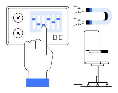 Teknoloji, işyeri ergonomisi, manyetizma, kontrol sistemleri, fizik kavramları, yaratıcı yenilikler. Kontrol panelindeki sürgüleri ayarlayan bir el, mıknatıs koltuk unsurlarını etkiler. Teknoloji