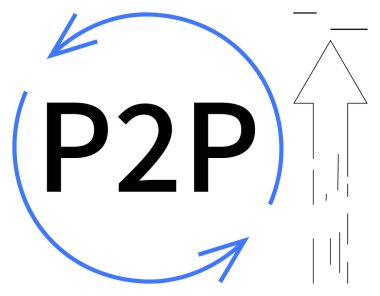 Engelleme teknolojisi, veri paylaşımı, merkezi olmayan sistemler, iletişim akışı, bağlantı, dijital ağlar. Yükselen bir okla çevrili P2P metni. Engelleme zinciri ve veri paylaşım kavramı