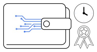 Dijital ödemeler, kripto para birimi, finansal güvenlik, ödüller, başarı, zaman yönetimi. Devreli cüzdan, yıldızlı saat kurdelesi. Dijital ödemeler ve kripto para birimi