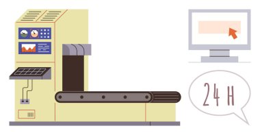 Otomasyon, endüstriyel ekipman, üretim süreci, teknoloji iş akışı, verimlilik, makineler. Otomatik bir taşıma bandı sistemi ve çalışma saatleri altı çizili bir monitör. Otomatik