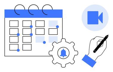 Verimlilik, programlama, içerik oluşturma, çevrimiçi toplantılar, zaman yönetimi, hatırlatıcılar. Vurgulanmış tarihli bir takvim, elinde çan simgesi olan bir dişli kalem. Verimlilik ve programlama