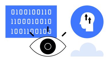 Data visualization. Binary coding, human cognition, and cloud computing connected in symbolic form. Data visualization enhances tech progress by bridging minds, clouds, and digital data. For AI, data