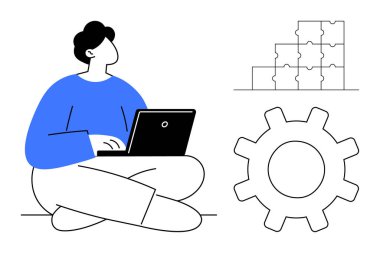 Problem çözme konsepti. Dişli, bulmaca parçaları, problem çözme ve yenilikle çevrili bir dizüstü bilgisayar kullanan bir insan. İş, eğitim ya da kişisel görevlerde sorun çözme. Teknoloji için ideal