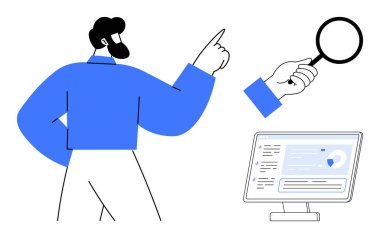 Veri analizi, bilgi araması, dijital araçlar, çevrimiçi içgörüler, teknoloji kavramları, iş operasyonları. Gösterilen, büyüteç ve gösterge paneli verileri olan bir monitör. Veri analizi