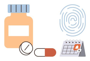 Sağlık, dijital güvenlik, tıbbi hatırlatmalar, veri gizliliği, ilaç takibi, biyometrik sistemler. Haplar, şişe parmak izi ve takvim. Sağlık ve dijital güvenlik