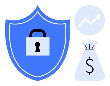 Kilit sembollü bir kalkan, dolar işaretli bir para çantası ve daire şeklinde yukarı doğru bir ok. Mali güvenlik, iş büyümesi, siber koruma, veri gizliliği, yatırım, fintech için ideal