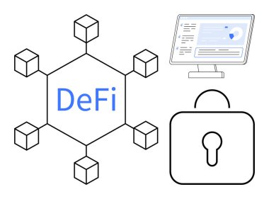 Engelleme teknolojisi, finansal güvenlik, merkezi olmayan finans, fintech yeniliği, dijital para birimi, siber güvenlik. Görsel engelleme zinciri yapısı ve kilit sembolü içeriyor. Engelleme teknolojisi
