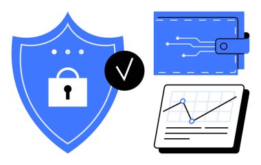 Güvenliği simgeleyen kilitli bir kalkan, para için dijital cüzdan ve analitik için veri tablosu. Siber güvenlik, fintech, veri koruması, teknoloji, finansal planlama, basit bir daire için ideal