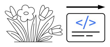 Web geliştirme, kodlama eğitimi, doğa entegrasyonu, çevre dostu teknoloji, dijital dönüşüm, yenilik. Laleler ve kod sembolleri eşleştirildi. Web geliştirme ve kodlama eğitimi