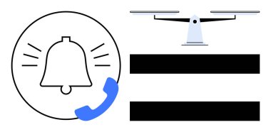 Alarm çizgileri ve telefon ahizesi olan bir çan, iki siyah çubuğun üzerinde ölçek sembolü. İletişim, tebligat, adalet, eşitlik, hukuk, acil müdahale hizmetleri için idealdir. Basit düz metafor