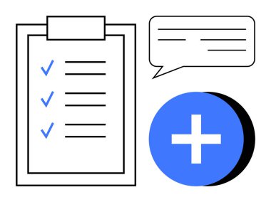 Kontrol listesi konsepti. İşaretli görevler, konuşma balonu ve bilgi eklemek için mavi artı işareti olan bir pano. Üretkenlik, görev örgütü, planlama, takım çalışması ve proje yönetimi için denetim listesi