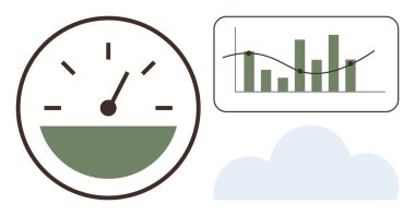 Performans izleme, veri analizi, bulut hizmetleri, teknoloji entegrasyonu, iş verimliliği, çevre ölçümleri. Bir hız göstergesi, veri grafiği, bulut analizi ve performans izleme