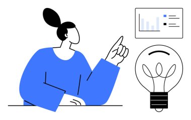 İş stratejisi, yenilik, veri analizi, yaratıcılık, eğitim, fikir geliştirme. Ampul işaretli bir bar grafiğini işaret eden kişi. Yenilik ve veri analizi kavramı