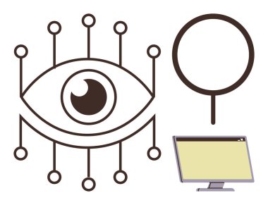 Siber güvenlik, izleme, dijital gizlilik, veri analizi, çevrimiçi izleme, güvenlik sistemleri. Devre hatlı stilize göz, monitör ve büyüteç. Siber güvenlik ve izleme