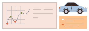 Otomotiv analizleri, iş büyümesi, izleme verileri, araç trendleri, ulaşım içgörüleri, grafik analizleri. Veri noktalarının olduğu çizgi çizelgesi, bir araba grafiği ve bir gösterge paneli. Otomotiv Analizleri