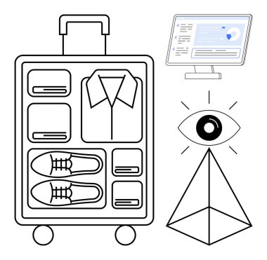 Seyahat organizasyonu, analitik, teknoloji, minimalizm, dijital erişilebilirlik, vizyon kavramları. Düzenli bir bavul, bir dijital arayüz bir göz ve geometrik bir piramit. Seyahat