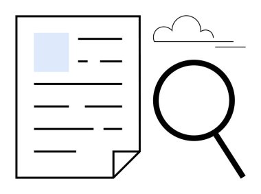 Büyüteç incelemesi belgesi metin ve katlanmış köşeli, bulut yukarıda. Denetimler için ideal, arama, belge araştırması, veri analizi, bilgi keşfi, bilgi gözden geçirme, basit düz metafor