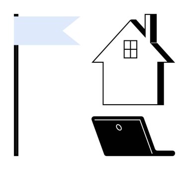 Uzaktan çalışma, iletişim, emlak, verimlilik, teknoloji, ev hayatı. Bayrak direği, bacası ve dizüstü bilgisayarı olan bir ev. Uzak çalışma ve iletişim kavramları