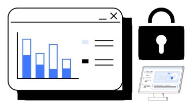 Siber güvenlik, veri analizi, çevrimiçi koruma, veri gizliliği, iş sezgileri, dijital grafikler. Grafik çubuğu, simge bilgisayar ekranını veri ile kilitle. Siber güvenlik ve veri analizleri