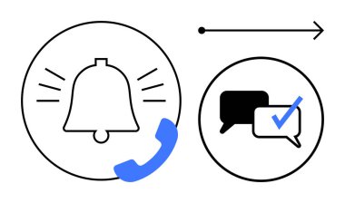 Alarm çizgileri olan çan, telefon ikonu, işaretli sohbet baloncukları, ilerlemeyi gösteren ok. İletişim, bilgilendirme, mesajlaşma, doğrulama etkileşimi güncelleme bağlantıları için idealdir. Basit düz