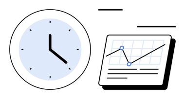 Şebeke üzerinde veri noktaları olan bir çizginin yanındaki analog saat. Zaman takibi, verimlilik, planlama, raporlama, analitik, istatistik ve verimlilik için ideal. Basit düz metafor