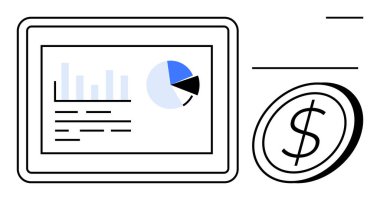 İş analizi, finansal planlama, veri görselleştirme, piyasa araştırması, kâr takibi, yatırım stratejisi. Tablet ekranda dolar sembolünün yanında grafikler ve veriler var. İş analizi