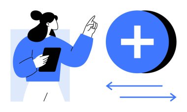 Etkileşim kavramı. Tablet tutan kadın figürü ve oklu artı işaretine işaret ederek, kullanıcı etkileşimini vurguluyor. Dijital tasarımda etkileşim, kullanıcı arayüzleri, takım çalışması, yenilik