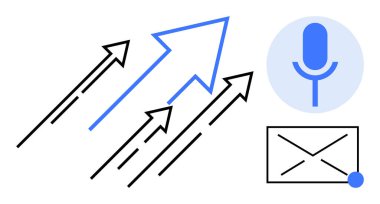 İş büyümesi, iletişim, e-posta pazarlama, dijital strateji, yükselen trendler, yenilik. Yukarı bakan birden fazla ok, mikrofon ve e-posta sembolü. İş büyümesi ve iletişim kavramı