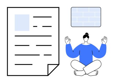 Stres yönetimi, verimlilik, farkındalık, iş hayatı dengesi, odaklanma, kişisel gelişim. Bir belgenin yanında meditasyon yapan ve yaratıcı bir plan hazırlayan biri. Stres yönetimi ve verimlilik kavramı