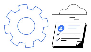 Profil resmi, işaret ve bulut sembolü içeren bir belgenin yanında vites simgesi. Takım çalışması, görev otomasyonu, optimizasyon, üretkenlik, veri, iş akışı ve bulut hesaplaması için ideal