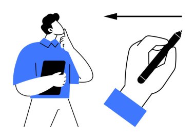 Karar verme konsepti. Düşünceli bir kişinin elinde not defteri ve sembolik bir kalem tutması odaklanma ve planlama öneriyor. İş stratejisi, eğitim ve planlama alanlarında karar verme