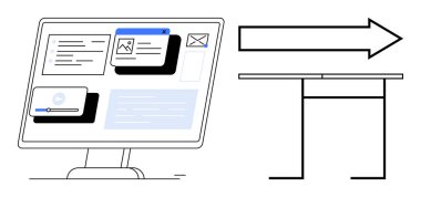 Dijital arayüzler, veri yönetimi, çevrimiçi araçlar, ofis çalışma alanı, verimlilik, iş akışı. Bilgisayar ekranında bir masa ve okun yanında bildirimler ve uygulamalar görülüyor. Dijital arayüzler