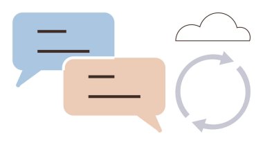 İletişim, bulut depolama, veri değişimi, işbirliği, geri bildirim döngüsü, dijital iş akışları. İki konuşma balonu, bir bulut ve dairesel bir ok. İletişim ve bulut depolama kavramı