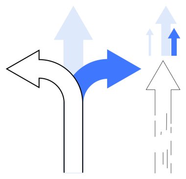 Navigasyon, karar verme, kariyer yolları, fırsatlar, gelecekteki büyüme, yollar görselleştirme. Siyah ve mavi oklar ayrık ve yukarı bakıyor. Navigasyon ve karar verme kavramı
